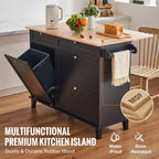 VEVOR Kitchen Island Cart, 50 Wood Top Breakfast Bar with Trash Cabinet Tilt Out 10 Gallon Storage, Farmhouse Dining Living Room Table