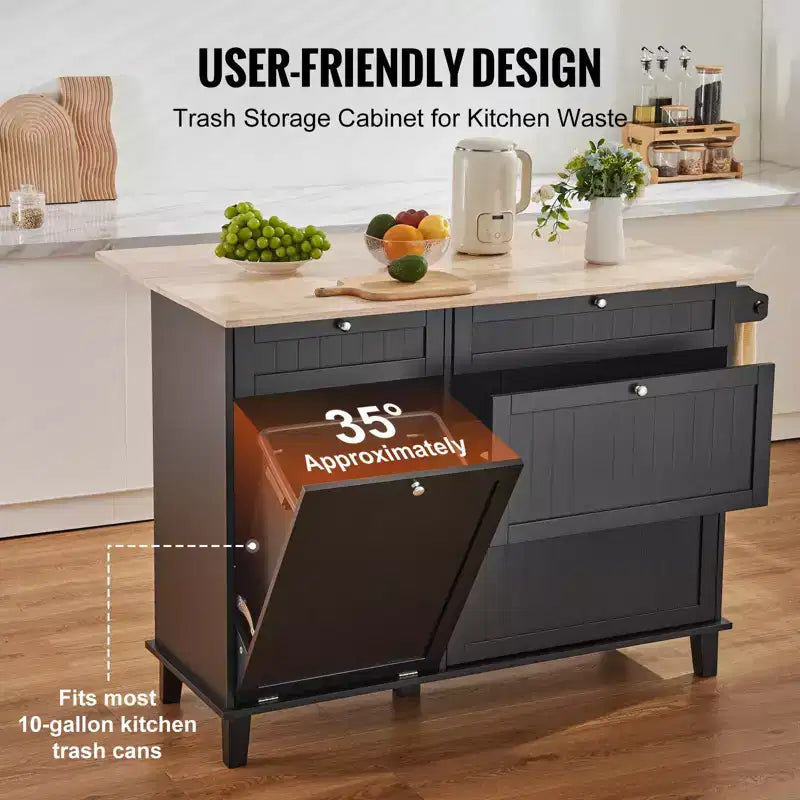 VEVOR Kitchen Island Cart, 50 Wood Top Breakfast Bar with Trash Cabinet Tilt Out 10 Gallon Storage, Farmhouse Dining Living Room Table