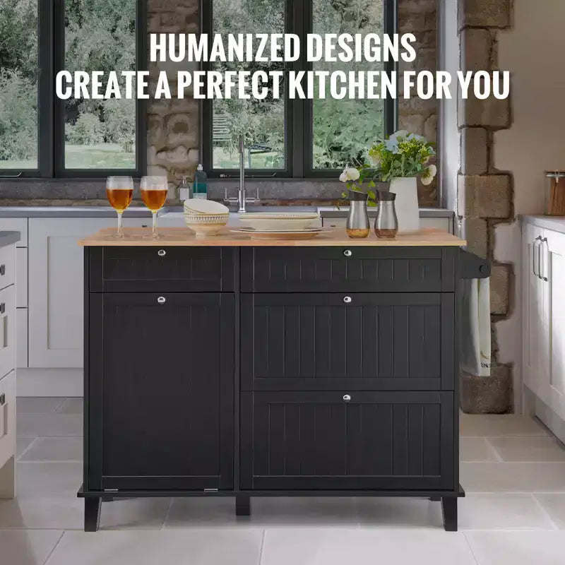 VEVOR Kitchen Island Cart, 50 Wood Top Breakfast Bar with Trash Cabinet Tilt Out 10 Gallon Storage, Farmhouse Dining Living Room Table