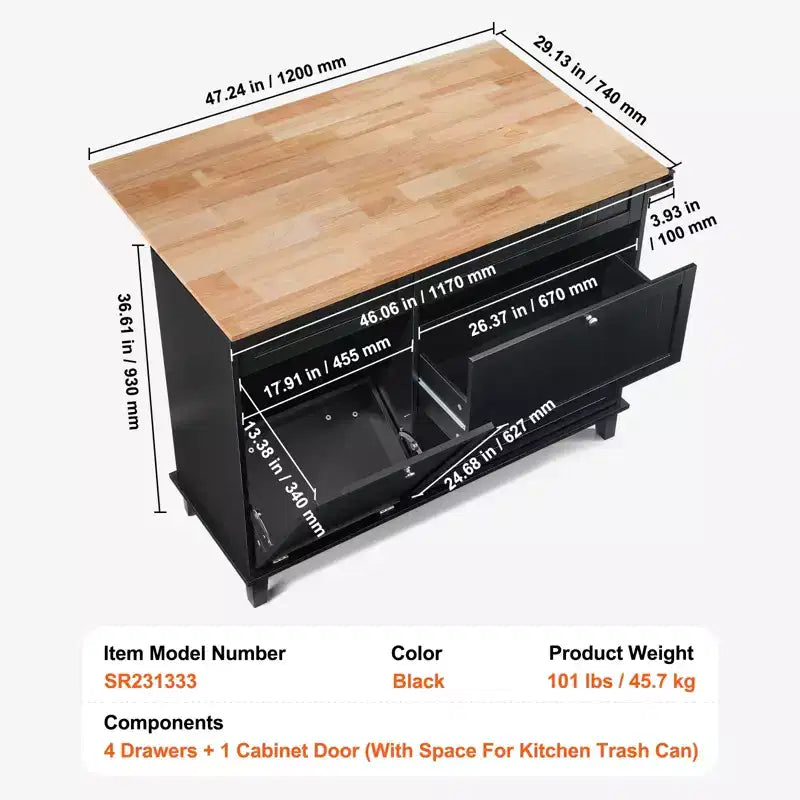 VEVOR Kitchen Island Cart, 50 Wood Top Breakfast Bar with Trash Cabinet Tilt Out 10 Gallon Storage, Farmhouse Dining Living Room Table