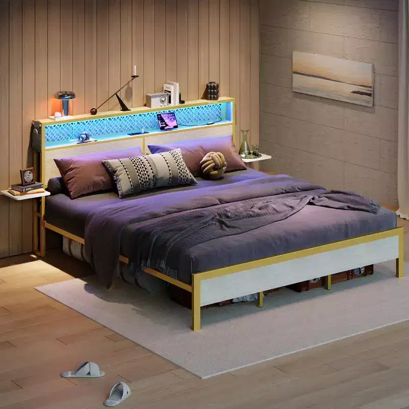 Bestier King Size Platform Bed Frame with Wood Foldable Bedside Shelves and LED Storage Headboard Charge Station