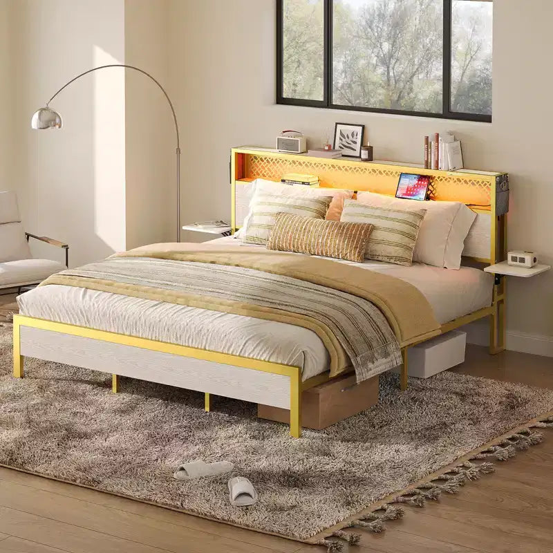 Bestier King Size Platform Bed Frame with Wood Foldable Bedside Shelves and LED Storage Headboard Charge Station