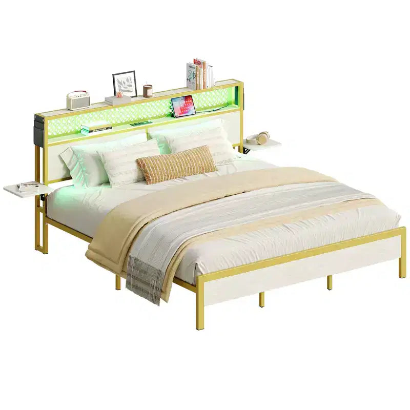 Bestier King Size Platform Bed Frame with Wood Foldable Bedside Shelves and LED Storage Headboard Charge Station