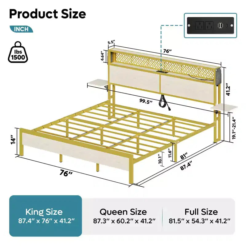 Bestier King Size Platform Bed Frame with Wood Foldable Bedside Shelves and LED Storage Headboard Charge Station
