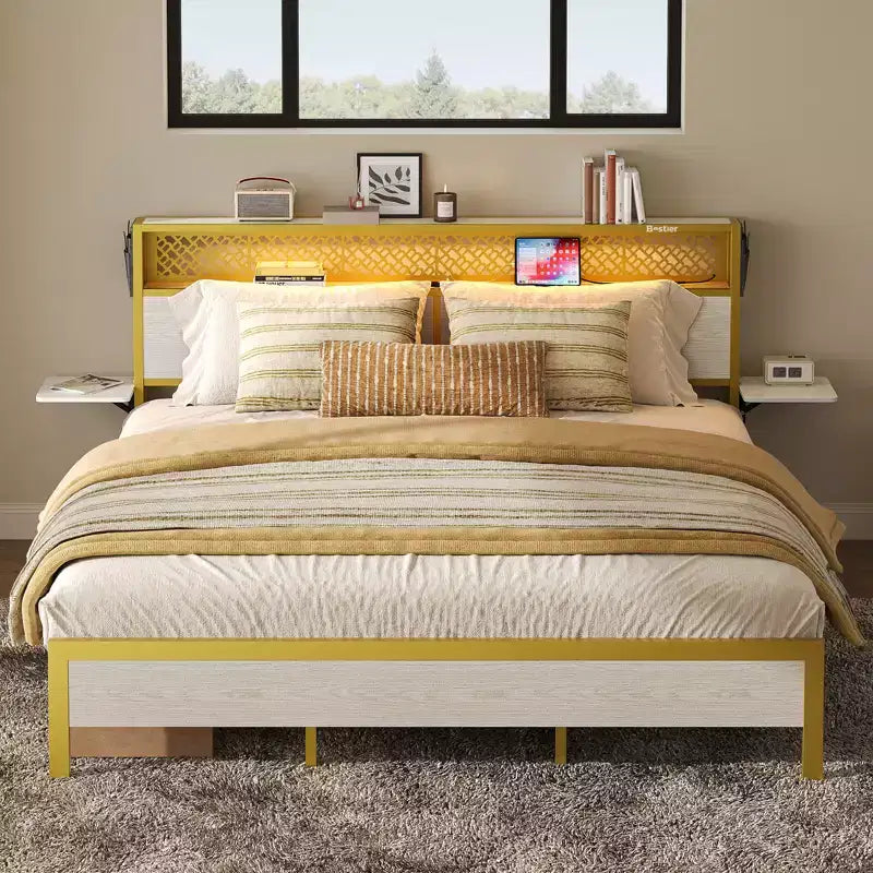 Bestier King Size Platform Bed Frame with Wood Foldable Bedside Shelves and LED Storage Headboard Charge Station