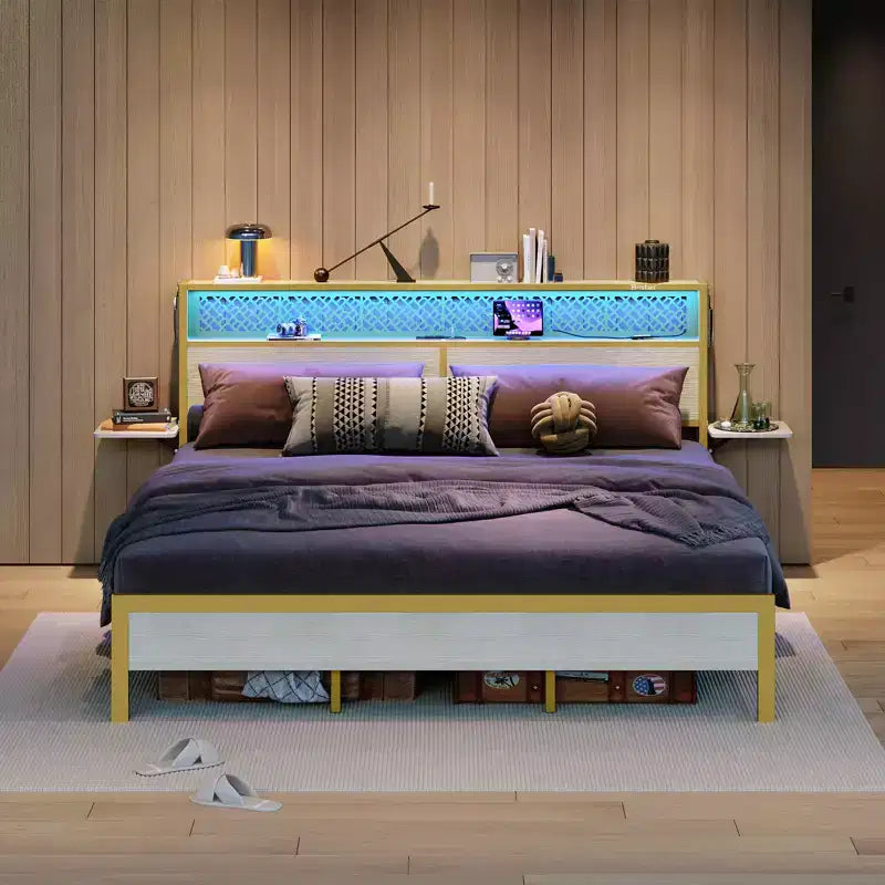 Bestier King Size Platform Bed Frame with Wood Foldable Bedside Shelves and LED Storage Headboard Charge Station
