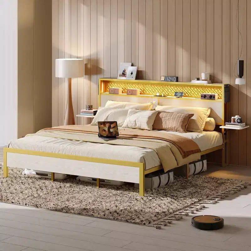 Bestier King Size Platform Bed Frame with Wood Foldable Bedside Shelves and LED Storage Headboard Charge Station