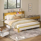 Bestier King Size Platform Bed Frame with Wood Foldable Bedside Shelves and LED Storage Headboard Charge Station