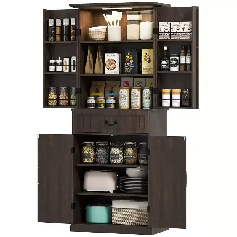 HOMCOM 71 LED Kitchen Pantry Cabinet, Farmhouse Storage Cabinet with Door Shelves, Adjustable Shelves and Drawer, Distressed Brown