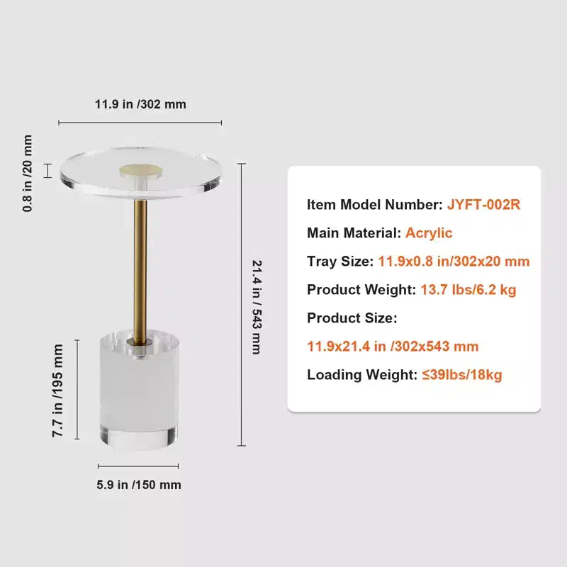 VEVOR Acrylic End Table, Acrylic Side Table with a Solid Base, 11.9 x 11.9 inch Round Tabletop, 21.4 inch High, for Living Room, Bedroom