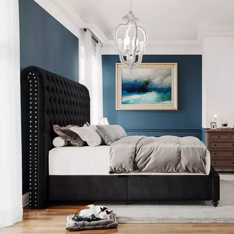 AMERLIFE Upholstered Platform Bed with 52.8'' Tall Sleigh Headboard