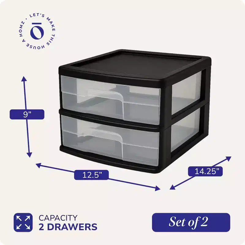Homz 2 Pack Storage Cart, Medium 2 Drawer Plastic Container for Home and Office Organization, Black Frame with Clear Drawers