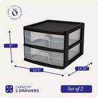Homz 2 Pack Storage Cart, Medium 2 Drawer Plastic Container for Home and Office Organization, Black Frame with Clear Drawers