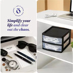 Homz 2 Pack Storage Cart, Medium 2 Drawer Plastic Container for Home and Office Organization, Black Frame with Clear Drawers