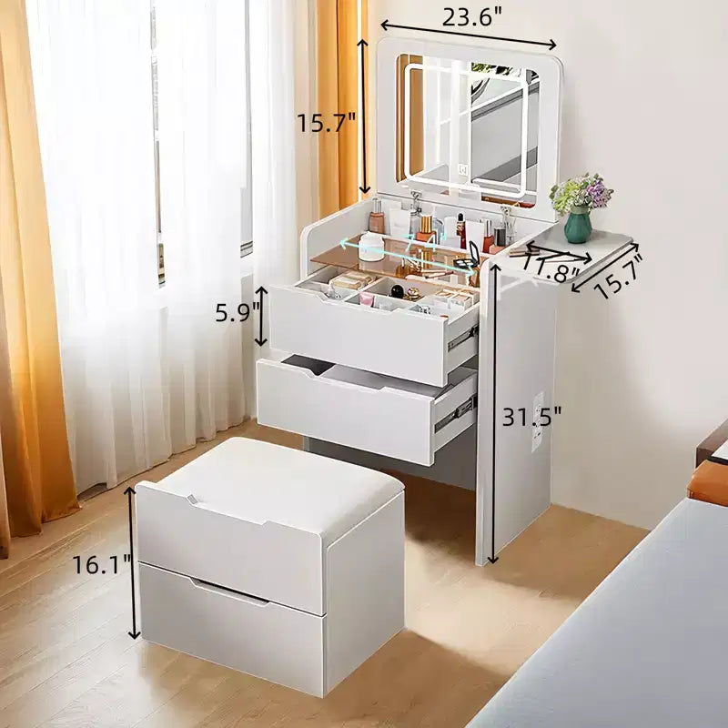 Okak Vanity Table and Chair Set with Mirror, 3 in 1 Vanity Desk with Plip Top Mirror, Small Make Up Vanity Set with Visible Glass Desktop