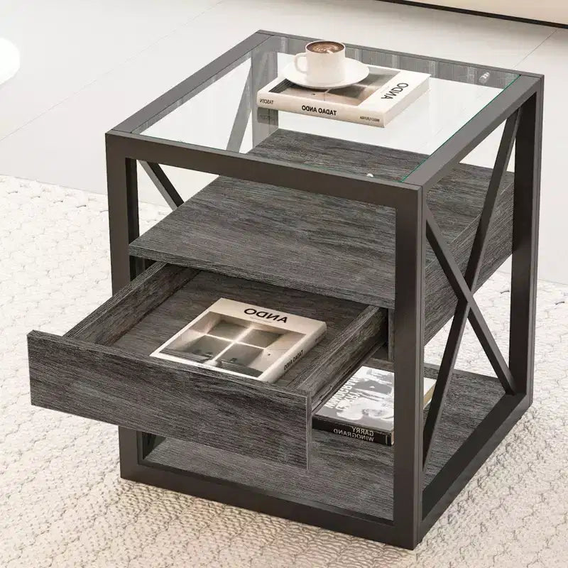Set of 2 Nightstand with Drawer&Tempered Glass Top, Industrial End Table Accent Table Side Table-Modernluxe