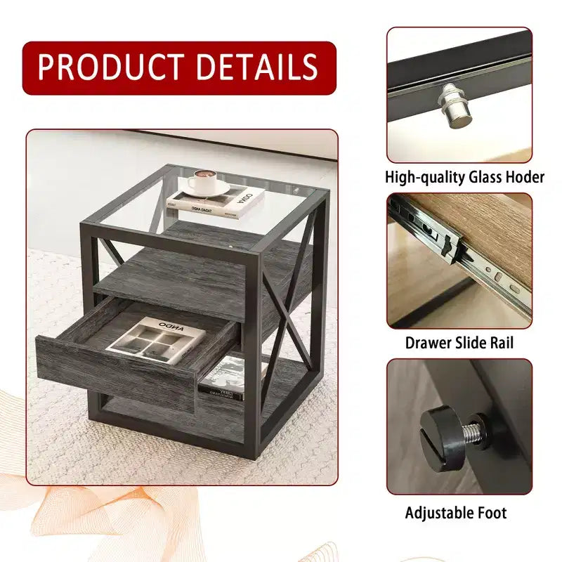 Set of 2 Nightstand with Drawer&Tempered Glass Top, Industrial End Table Accent Table Side Table-Modernluxe