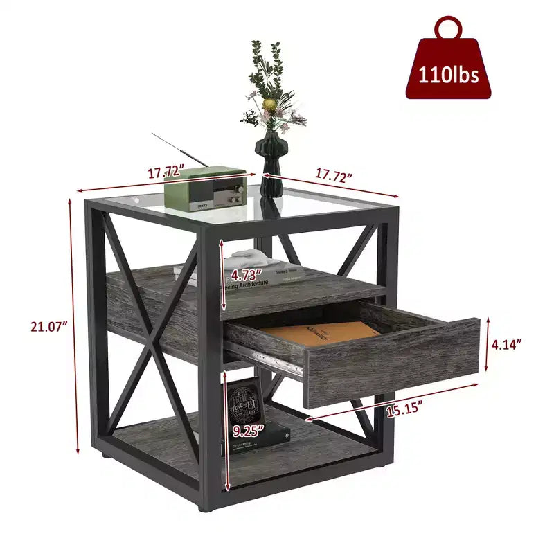 Set of 2 Nightstand with Drawer&Tempered Glass Top, Industrial End Table Accent Table Side Table-Modernluxe