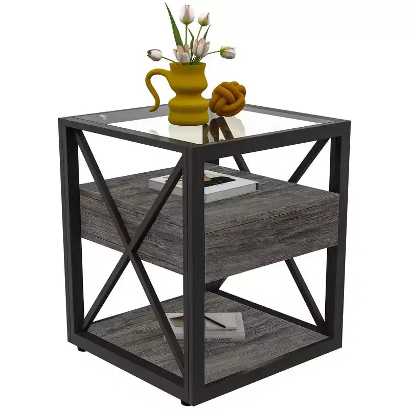 Set of 2 Nightstand with Drawer&Tempered Glass Top, Industrial End Table Accent Table Side Table-Modernluxe