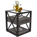 Set of 2 Nightstand with Drawer&Tempered Glass Top, Industrial End Table Accent Table Side Table-Modernluxe