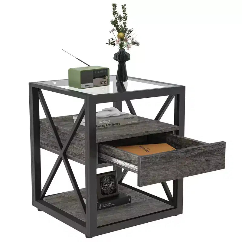 Set of 2 Nightstand with Drawer&Tempered Glass Top, Industrial End Table Accent Table Side Table-Modernluxe