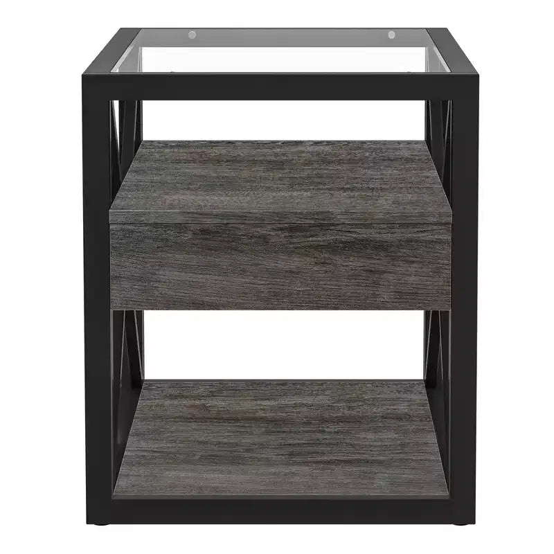 Set of 2 Nightstand with Drawer&Tempered Glass Top, Industrial End Table Accent Table Side Table-Modernluxe