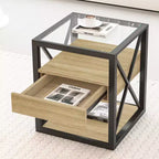 Set of 2 Nightstand with Drawer&Tempered Glass Top, Industrial End Table Accent Table Side Table-Modernluxe