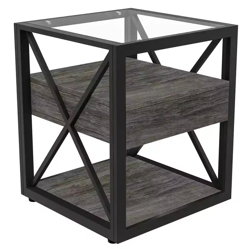 Set of 2 Nightstand with Drawer&Tempered Glass Top, Industrial End Table Accent Table Side Table-Modernluxe
