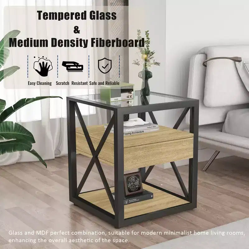 Set of 2 Nightstand with Drawer&Tempered Glass Top, Industrial End Table Accent Table Side Table-Modernluxe