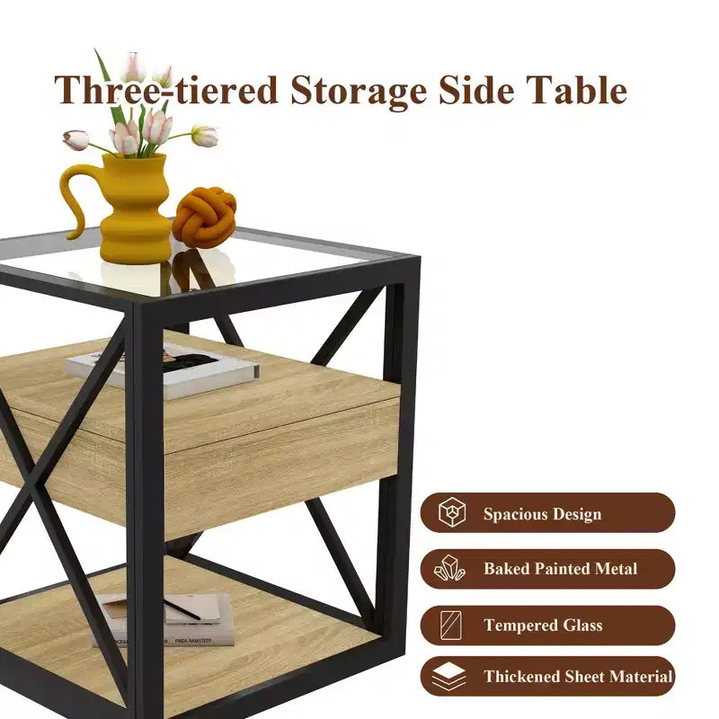 Set of 2 Nightstand with Drawer&Tempered Glass Top, Industrial End Table Accent Table Side Table-Modernluxe