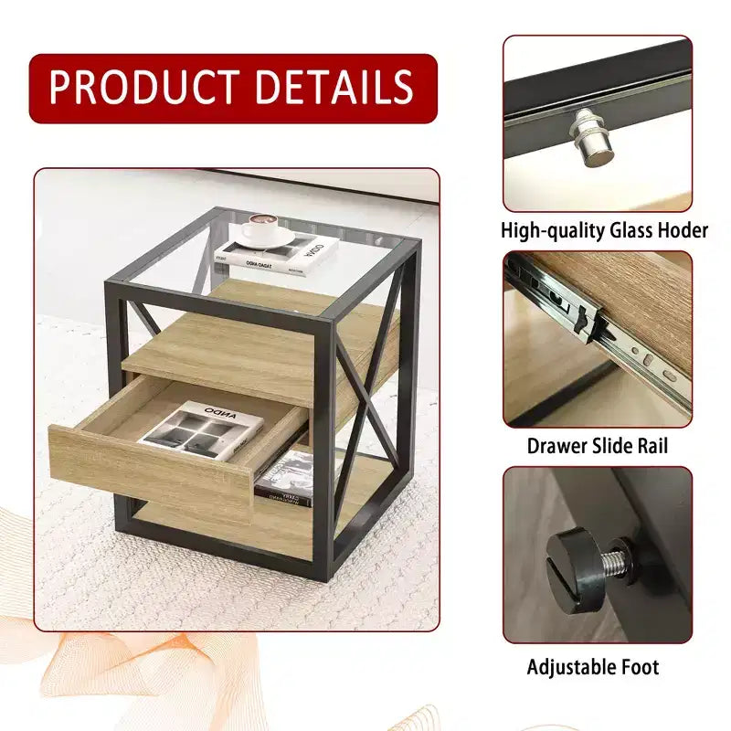 Set of 2 Nightstand with Drawer&Tempered Glass Top, Industrial End Table Accent Table Side Table-Modernluxe