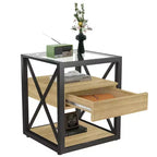 Set of 2 Nightstand with Drawer&Tempered Glass Top, Industrial End Table Accent Table Side Table-Modernluxe