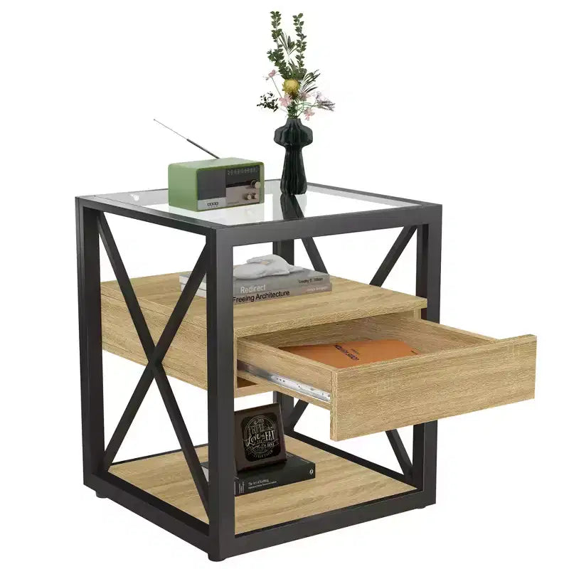 Set of 2 Nightstand with Drawer&Tempered Glass Top, Industrial End Table Accent Table Side Table-Modernluxe