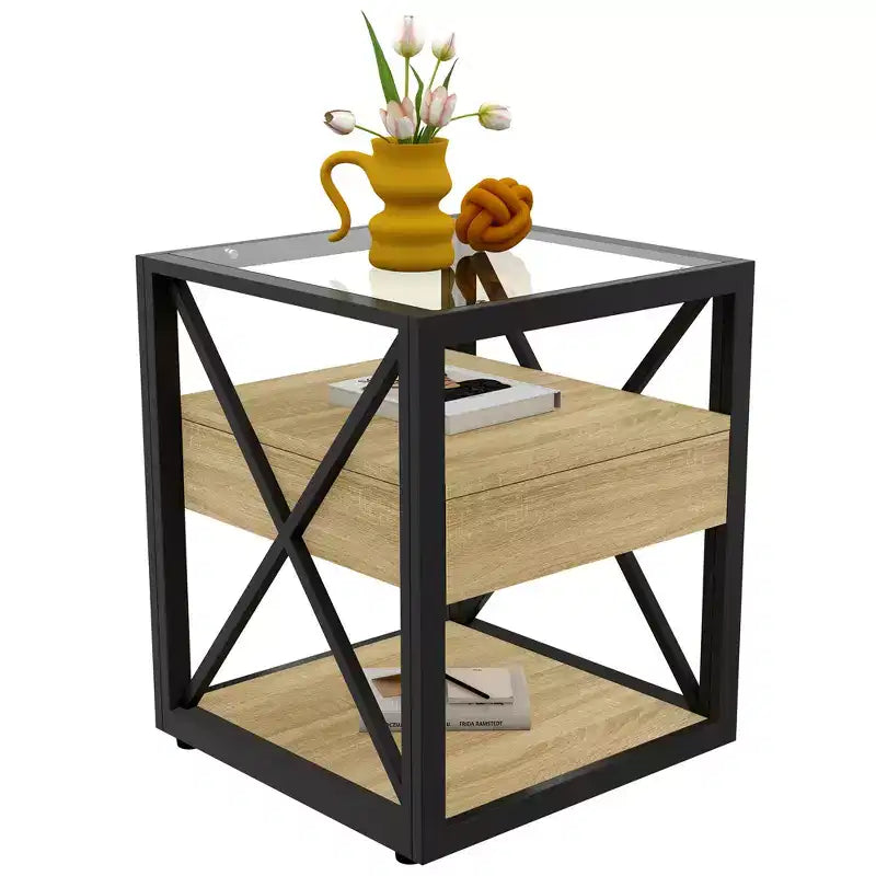 Set of 2 Nightstand with Drawer&Tempered Glass Top, Industrial End Table Accent Table Side Table-Modernluxe
