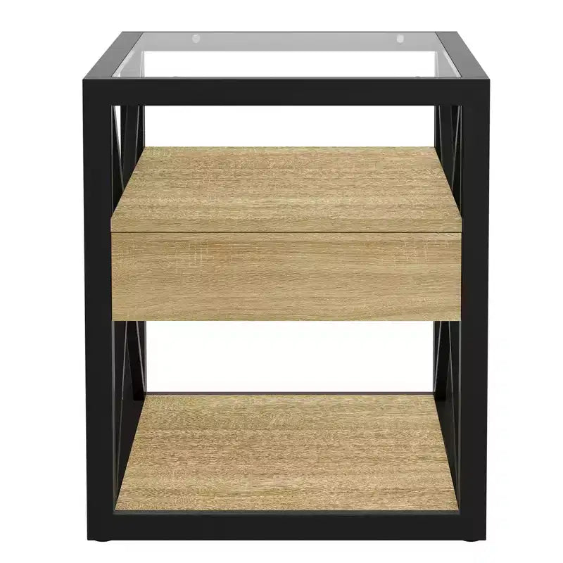 Set of 2 Nightstand with Drawer&Tempered Glass Top, Industrial End Table Accent Table Side Table-Modernluxe