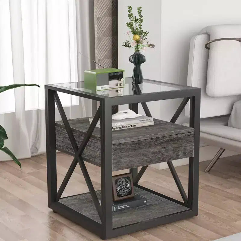 Set of 2 Nightstand with Drawer&Tempered Glass Top, Industrial End Table Accent Table Side Table-Modernluxe