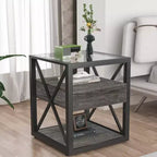 Set of 2 Nightstand with Drawer&Tempered Glass Top, Industrial End Table Accent Table Side Table-Modernluxe