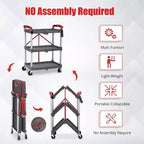 3-Tier Portable Folding Service Cart, Collapsible Push Cart with Wheels, 56 Lbs Load Capacity per Shelf, for Home/Office/Warehouse Gery