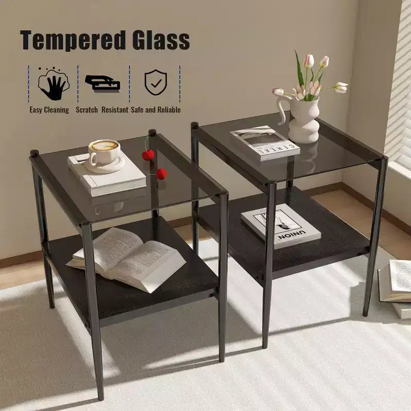 MAYEERTY Coffee Table and End tables Set of 3, Tempered Glass Table with MDF layer, Modern Tables for Living Room, Gray Glass