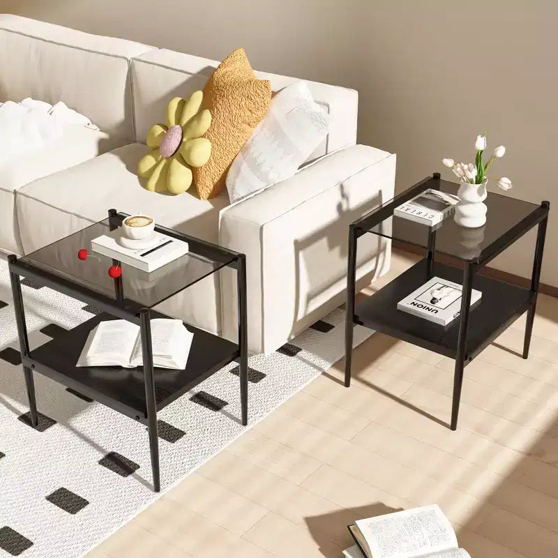 MAYEERTY Coffee Table and End tables Set of 3, Tempered Glass Table with MDF layer, Modern Tables for Living Room, Gray Glass