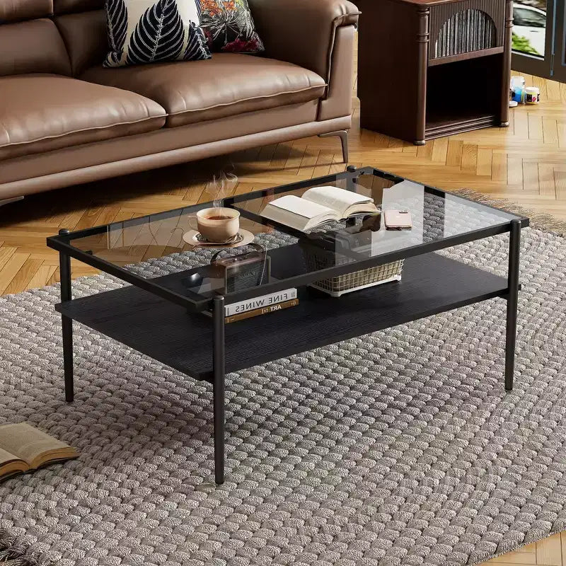 MAYEERTY Coffee Table and End tables Set of 3, Tempered Glass Table with MDF layer, Modern Tables for Living Room, Gray Glass