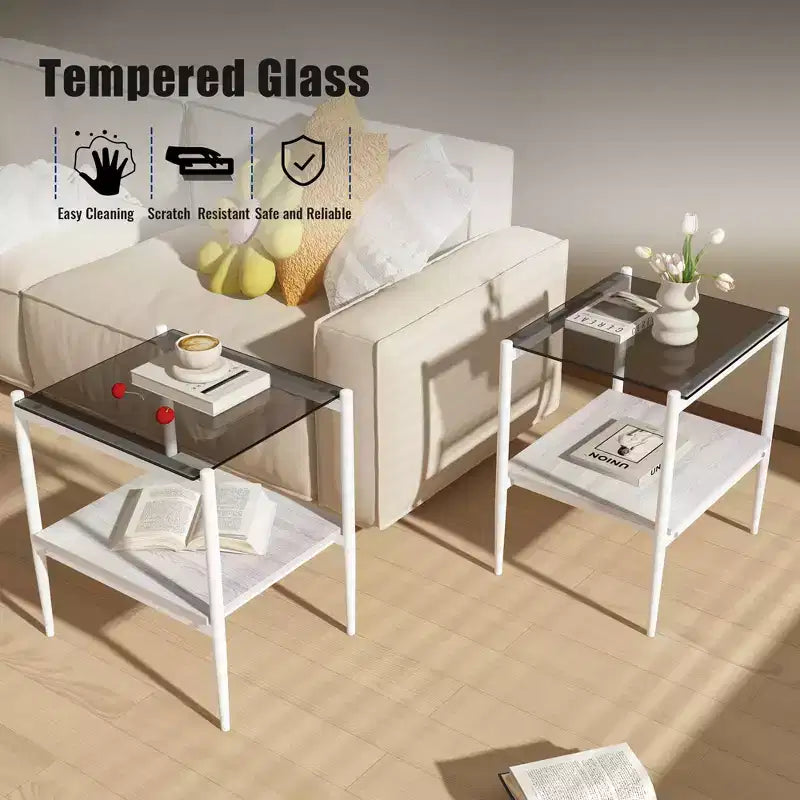 MAYEERTY Coffee Table and End tables Set of 3, Tempered Glass Table with MDF layer, Modern Tables for Living Room, Gray Glass