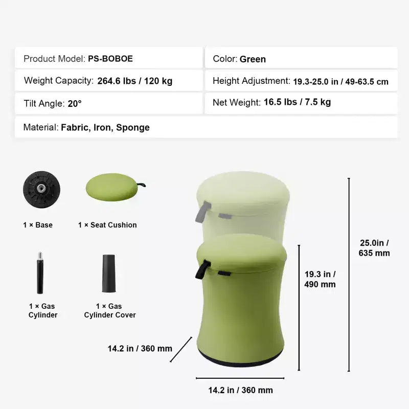 VEVOR Wobble Chair, Height-Adjustable (19.3-25) Wobble Chair with Fabric Cover,Flexible Seating Wobble Stool Made of Iron & Sponge,Age 12-18, Green