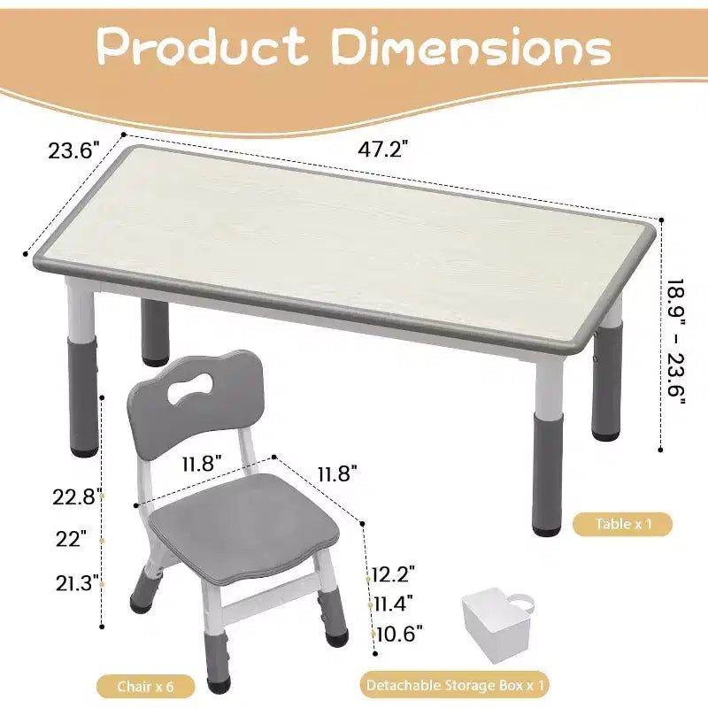 Kids Table and 6 Chair Set with Storage Box, Height Adjustable Toddler Table and Chairs Set for Ages 2-10, for Daycare, Classroom, Home