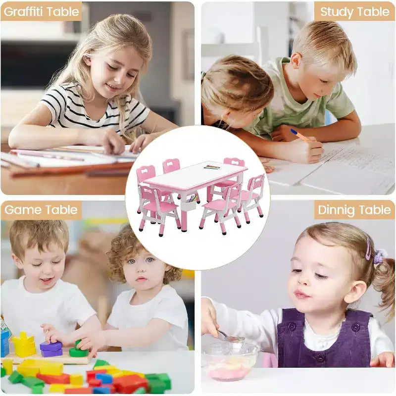 Kids Table and 6 Chair Set with Storage Box, Height Adjustable Toddler Table and Chairs Set for Ages 2-10, for Daycare, Classroom, Home