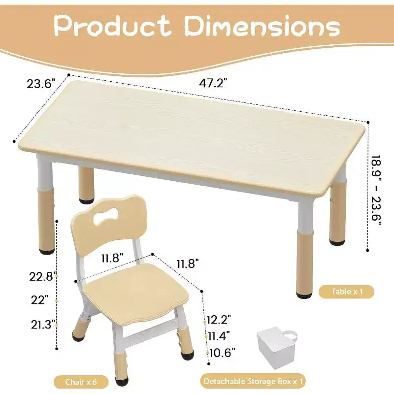 Kids Table and 6 Chair Set with Storage Box, Height Adjustable Toddler Table and Chairs Set for Ages 2-10, for Daycare, Classroom, Home