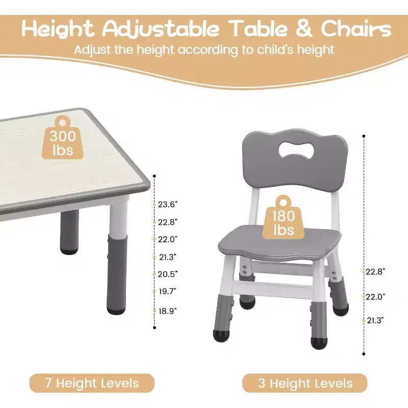 Kids Table and 6 Chair Set with Storage Box, Height Adjustable Toddler Table and Chairs Set for Ages 2-10, for Daycare, Classroom, Home