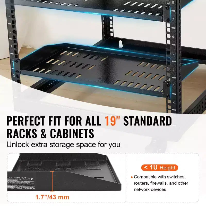 VEVOR 2PCS 1U Server Rack Shelf, 10/254 mm Depth, 50 lbs Max Load Capacity Vented Cantilever or Wall Mount Rack Mount Shelf with Tray