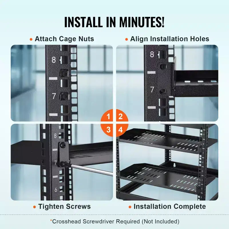 VEVOR 2PCS 1U Server Rack Shelf, 10/254 mm Depth, 50 lbs Max Load Capacity Vented Cantilever or Wall Mount Rack Mount Shelf with Tray