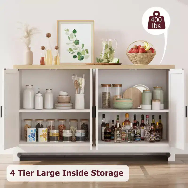 Rattan Storage Cabinet, Sideboard Buffet Cabinet with 4 Doors and Shelves, for Dining Room, Kitchen, Living Room and Entryway, Contrast Color